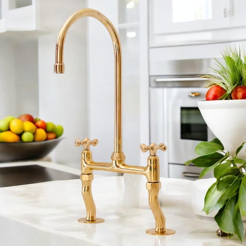 Unlacquered Brass Bridge Kitchen Faucet - Victorian Two-Handle Tap