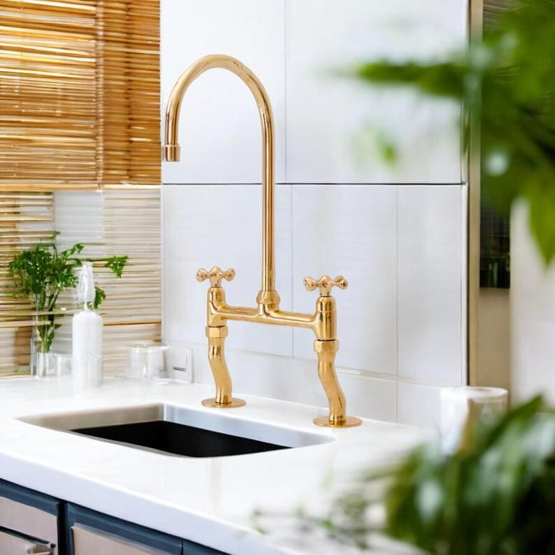 Unlacquered Brass Bridge Kitchen Faucet - Victorian Two-Handle Tap