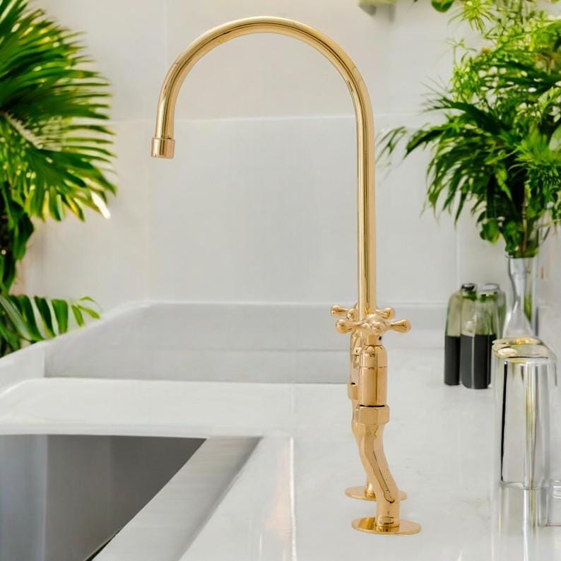 Unlacquered Brass Bridge Kitchen Faucet - Victorian Two-Handle Tap