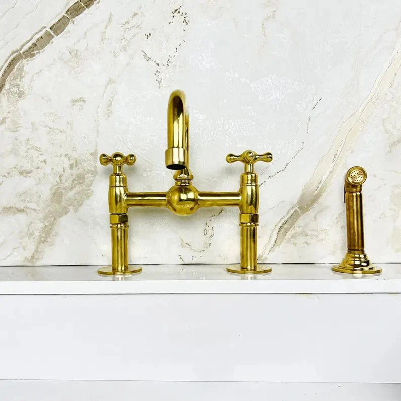 Unlacquered Brass Bridge Kitchen Sink Faucet with Side Spray