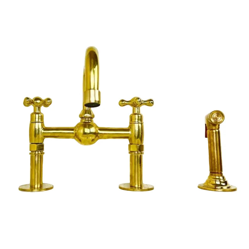Unlacquered Brass Bridge Kitchen Sink Faucet with Side Spray