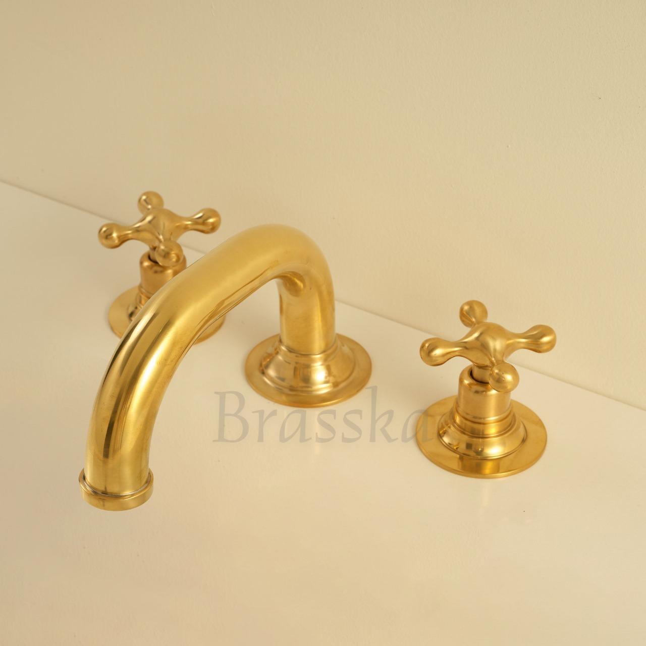 Unlacquered Brass Deck Mount Bathroom Faucet with Antique Finish