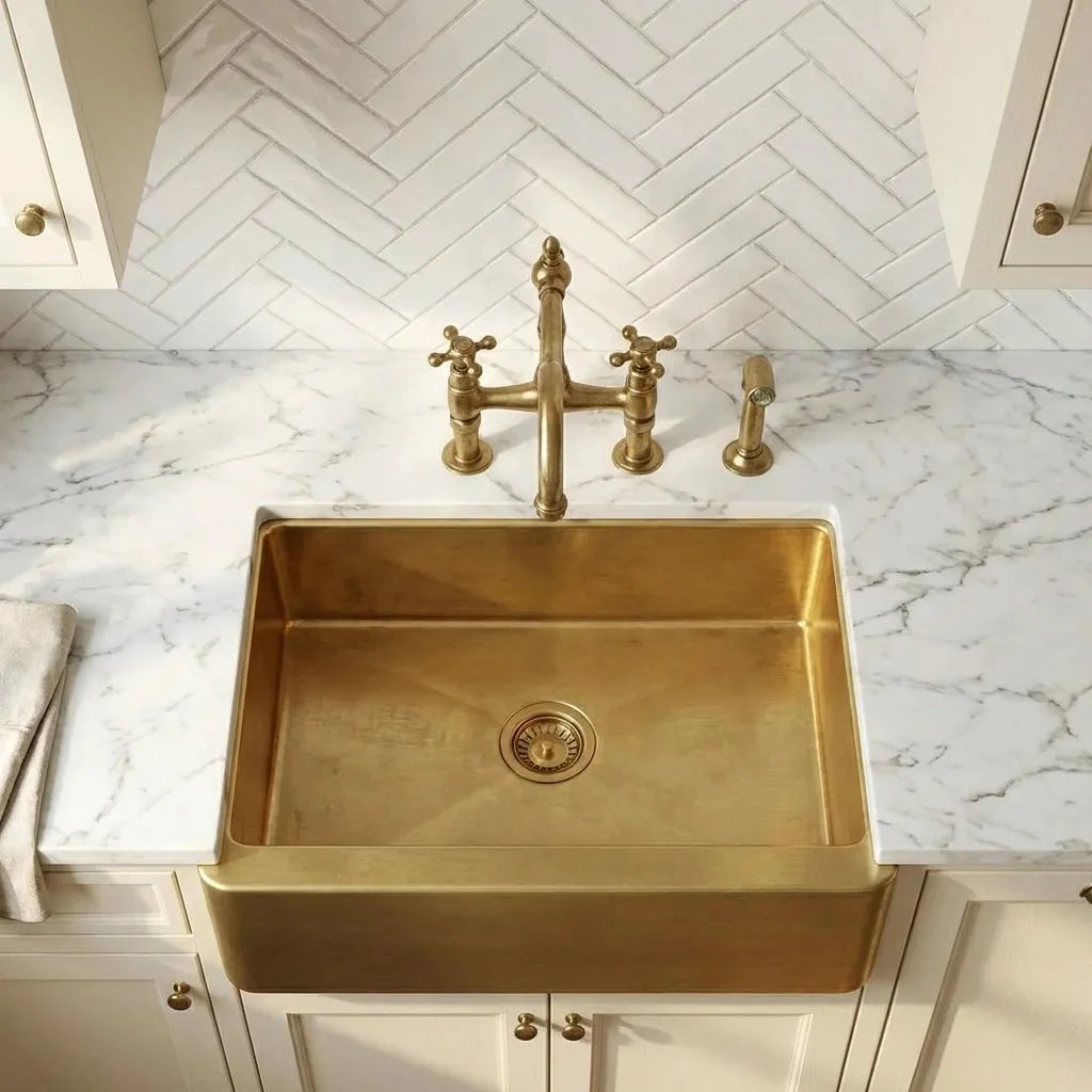 Unlacquered Brass Farmhouse Kitchen Sink with Apron Front