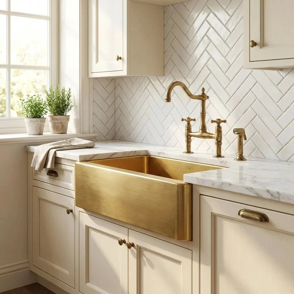 Unlacquered Brass Farmhouse Kitchen Sink with Apron Front