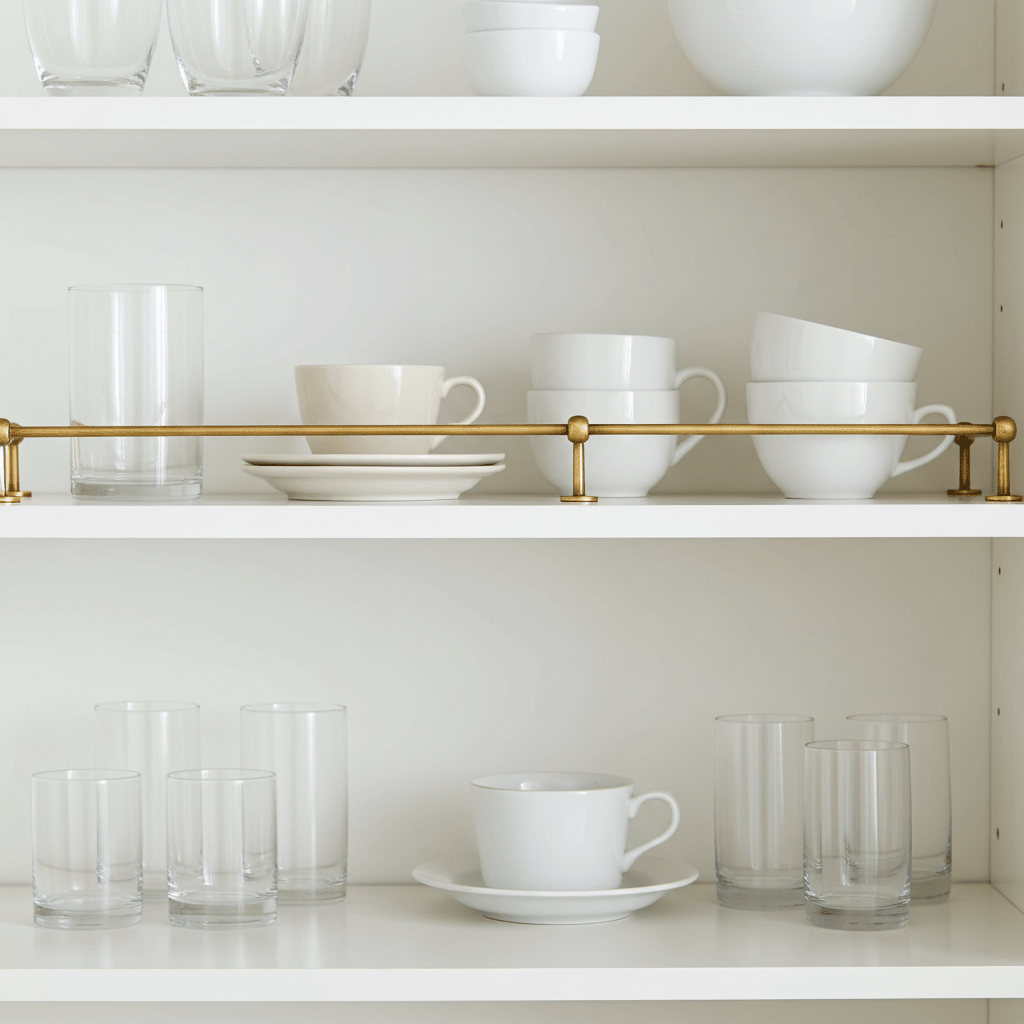 Unlacquered Brass Gallery Rail and Kitchen Shelf Safety Bar