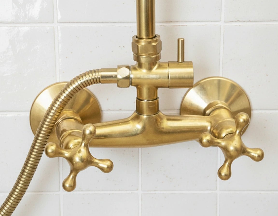 Unlacquered Brass Shower System with Wall Mount Mixer and Handheld Shower