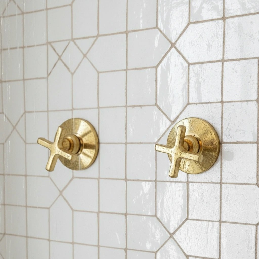Unlacquered Brass Shower System with Wall Mount Rain Head and Cross Valves