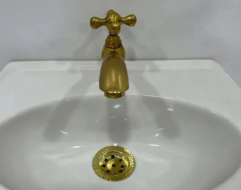 Unlacquered Brass Single Hole Vintage Bathroom Faucet with Flat Cross Handle