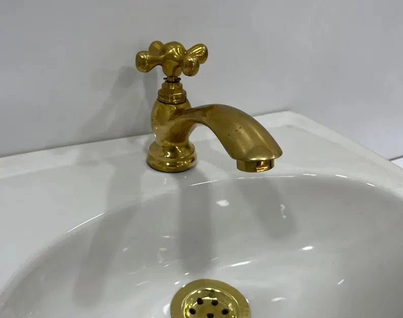 Unlacquered Brass Single Hole Vintage Bathroom Faucet with Flat Cross Handle