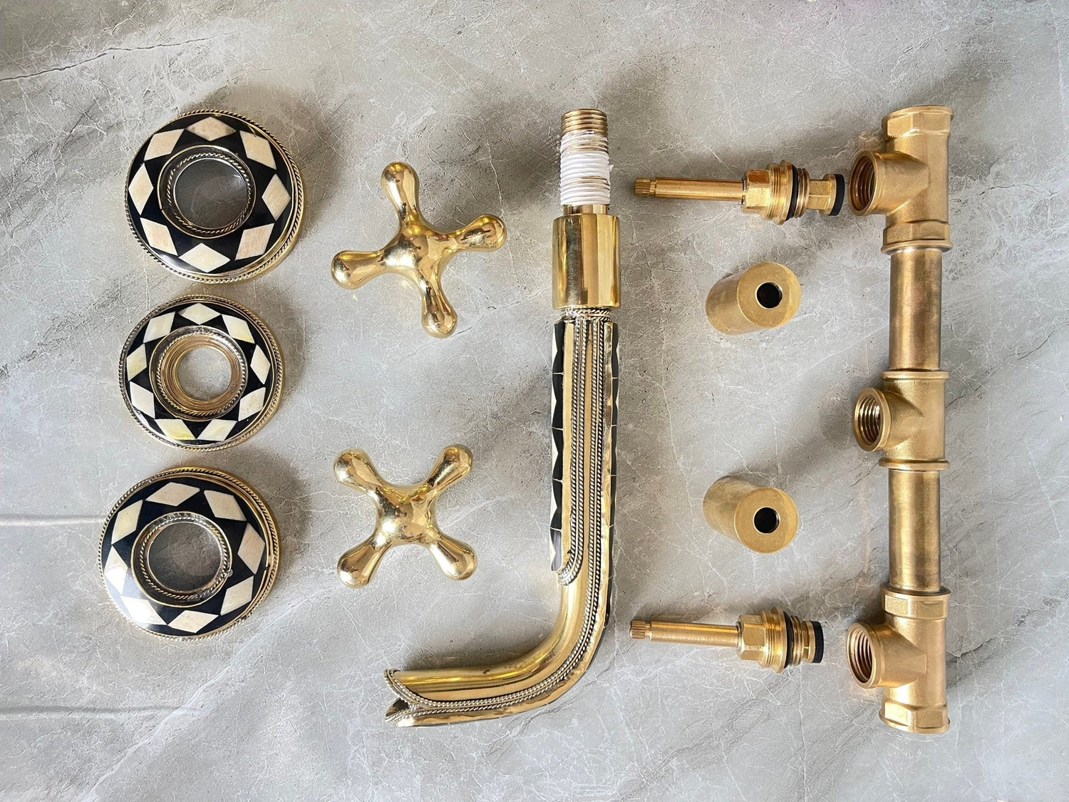 Unlacquered Brass Wall Faucet - Bone & Resin Inlay Tap