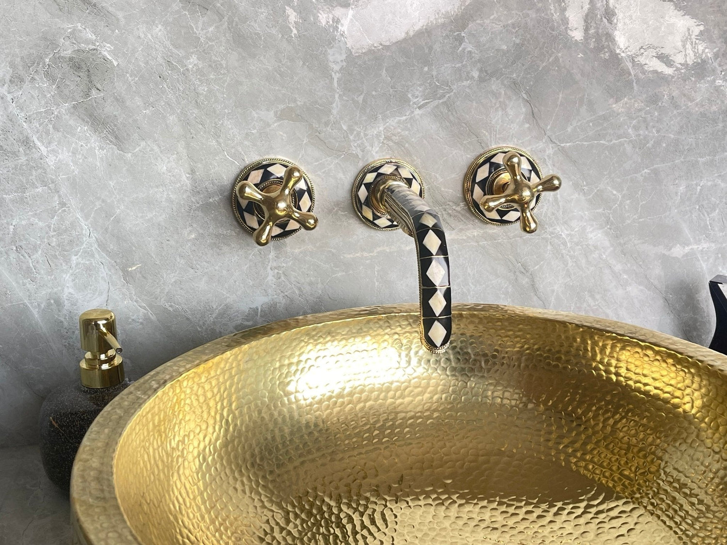 Unlacquered Brass Wall Faucet - Bone & Resin Inlay Tap