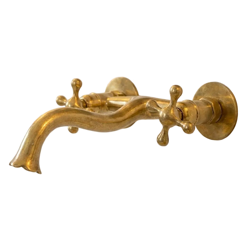 Unlacquered Brass Wall Faucet with Cross Handles Handmade Tap