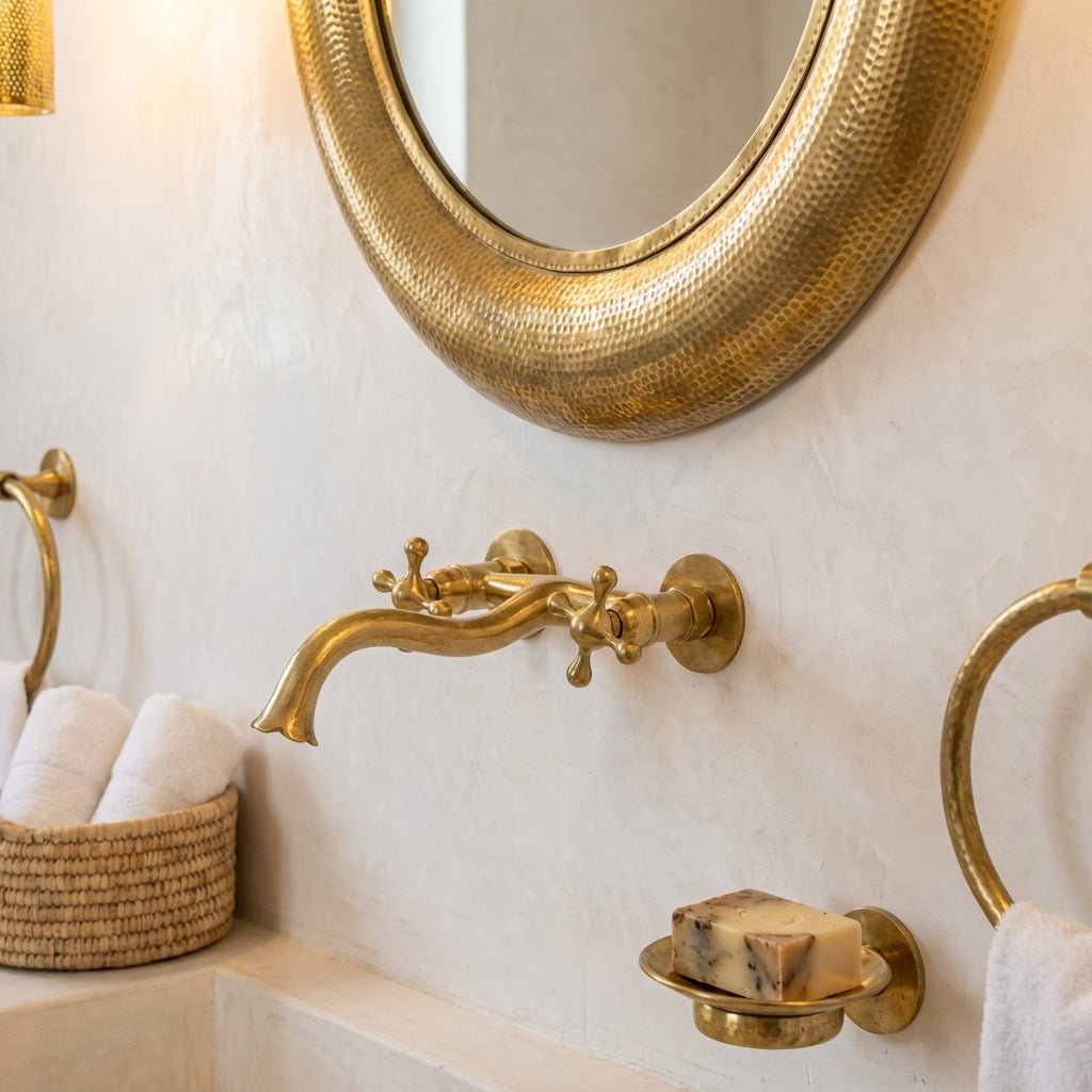 Unlacquered Brass Wall Faucet with Cross Handles Handmade Tap