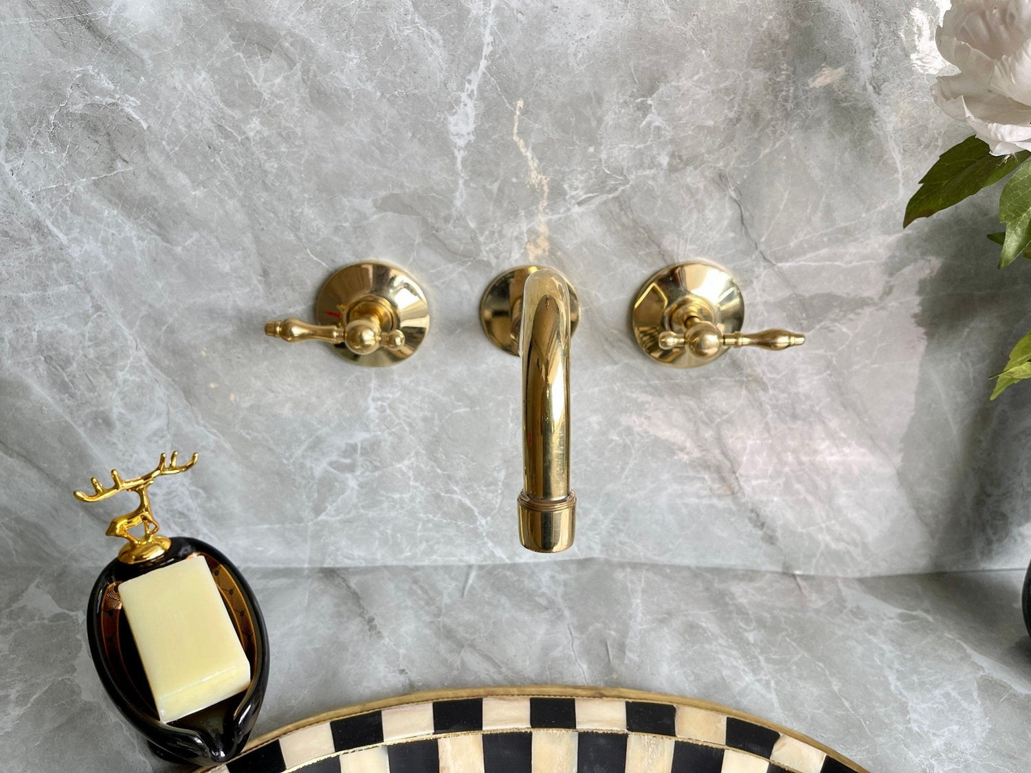 Unlacquered Brass Wall Mount Bathroom Faucet with Mixer Valve