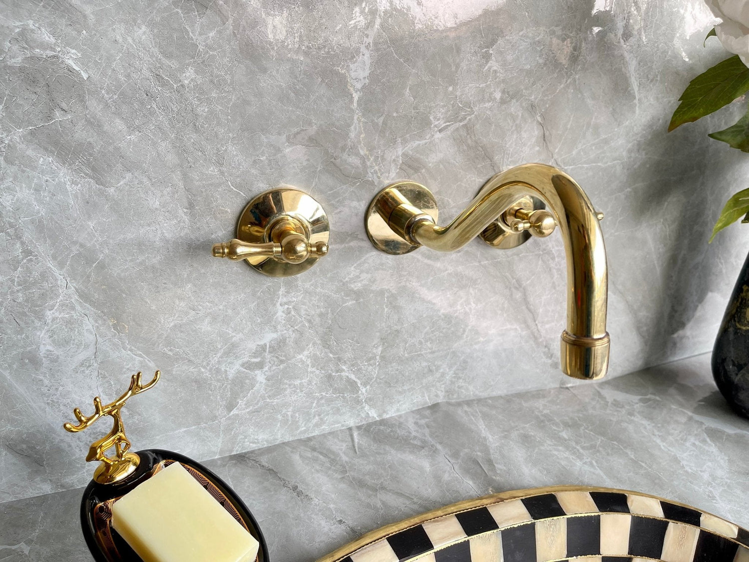 Unlacquered Brass Wall Mount Bathroom Faucet with Mixer Valve