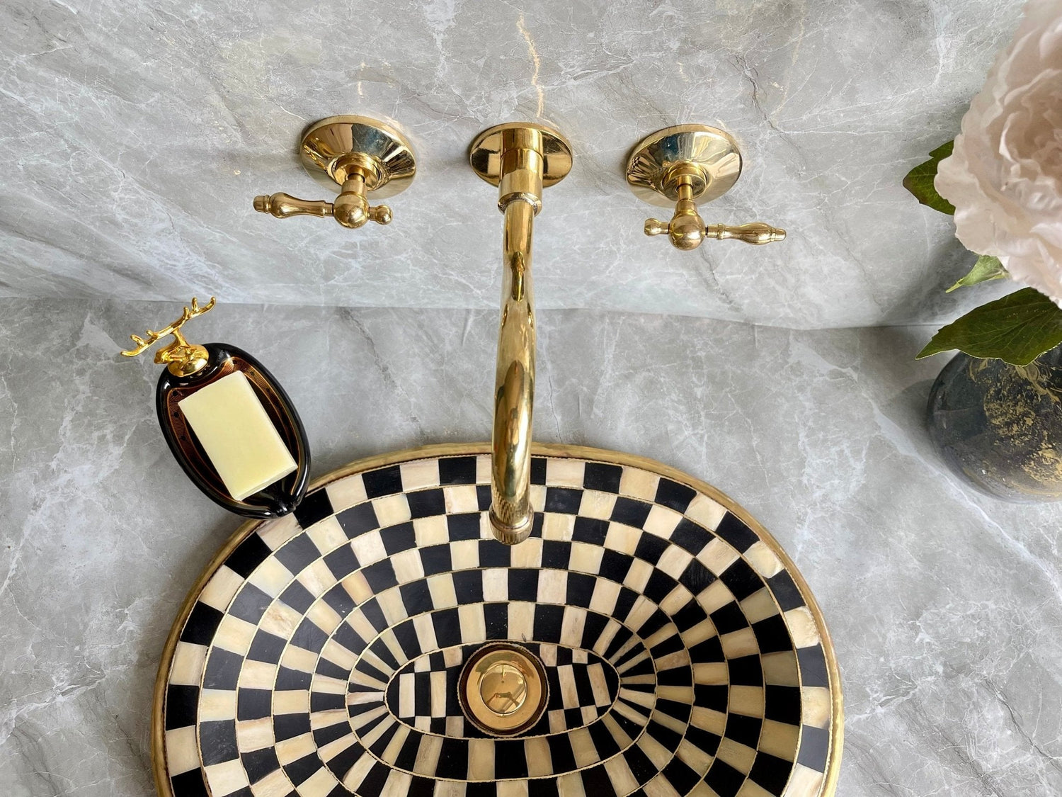 Unlacquered Brass Wall Mount Bathroom Faucet with Mixer Valve
