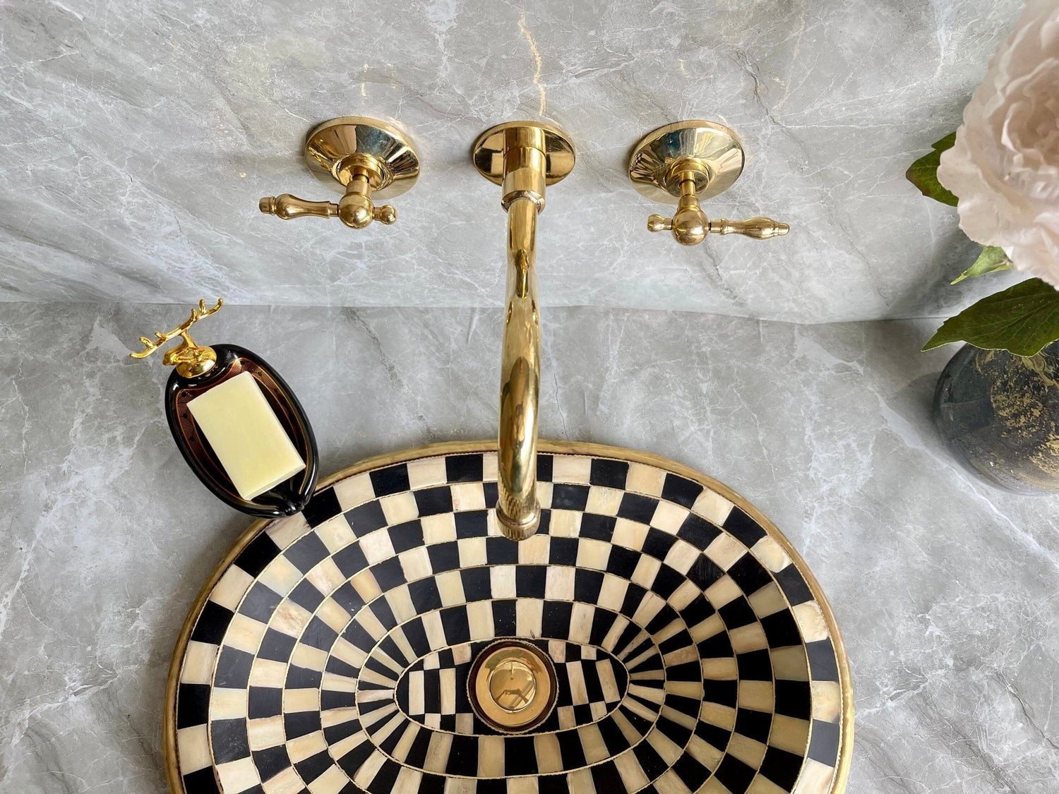 Unlacquered Brass Wall Mount Bathroom Faucet with Mixer Valve