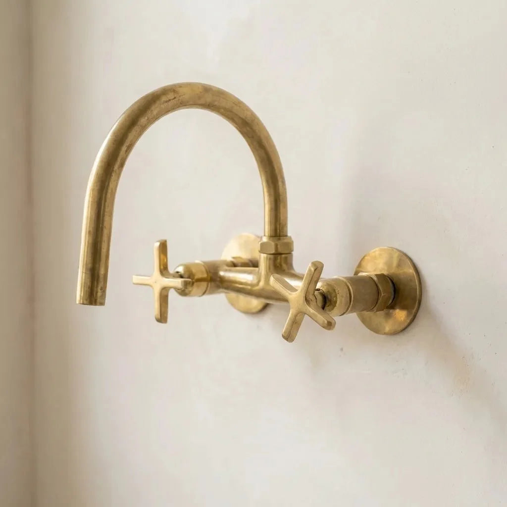 Unlacquered Brass Wall Mount Bridge Faucet with Cross Handles