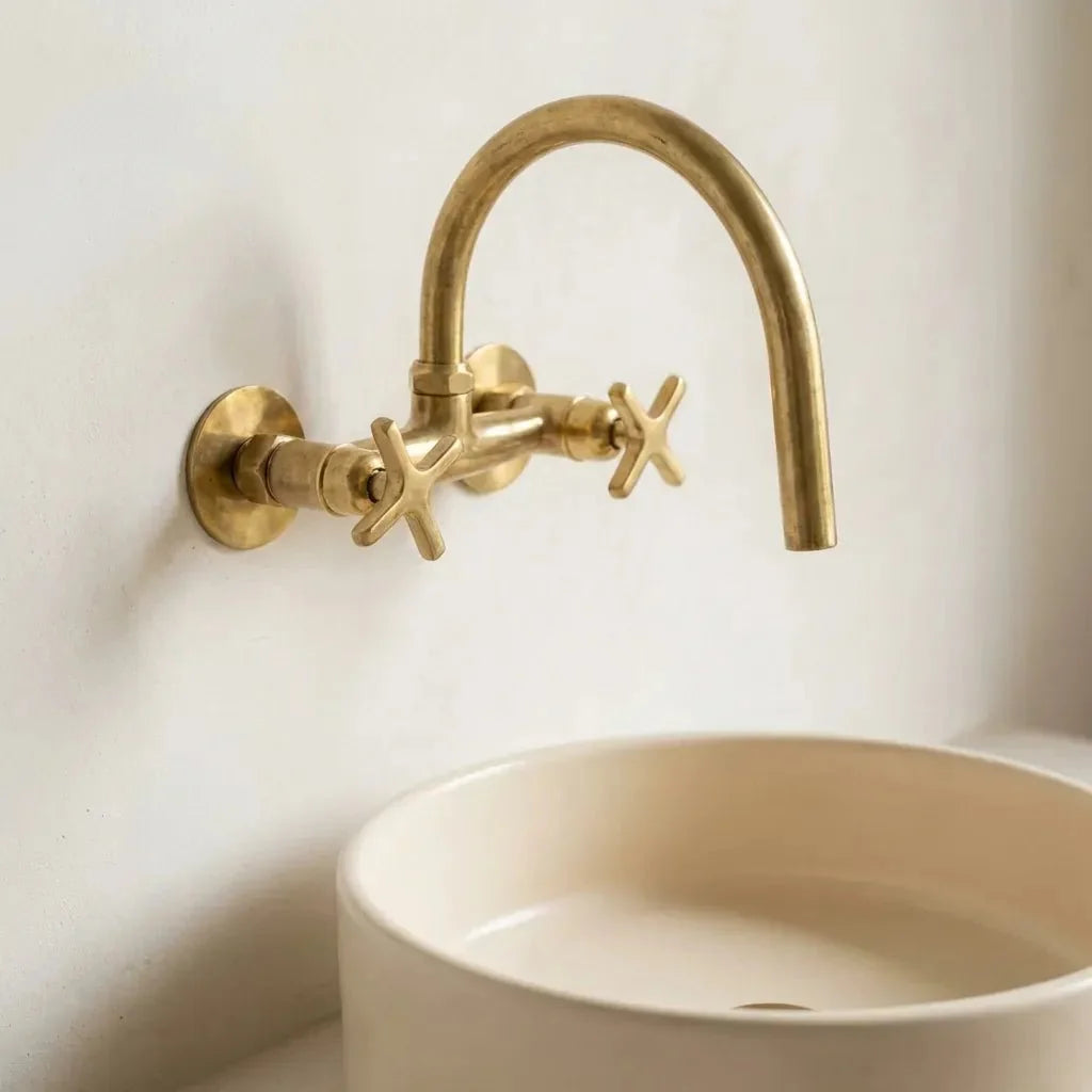 Unlacquered Brass Wall Mount Bridge Faucet with Cross Handles