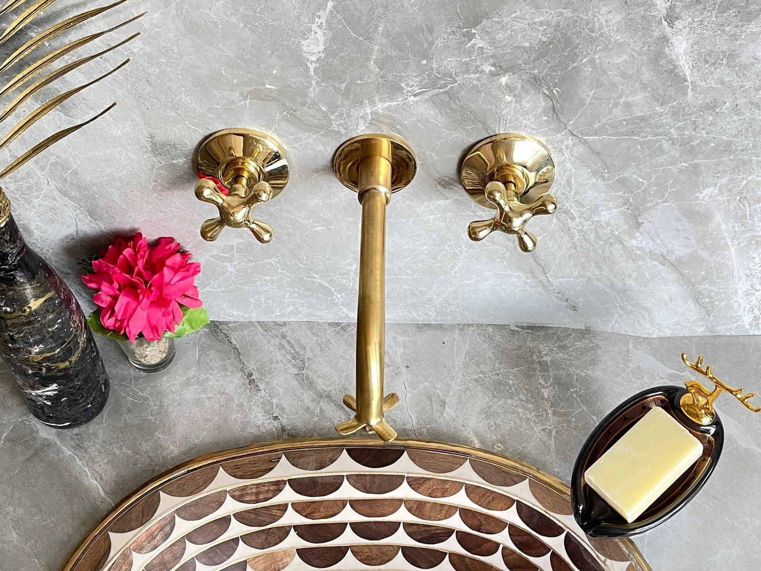 Unlacquered Brass Wall Mount Faucet - Moroccan Flower Cross Handles