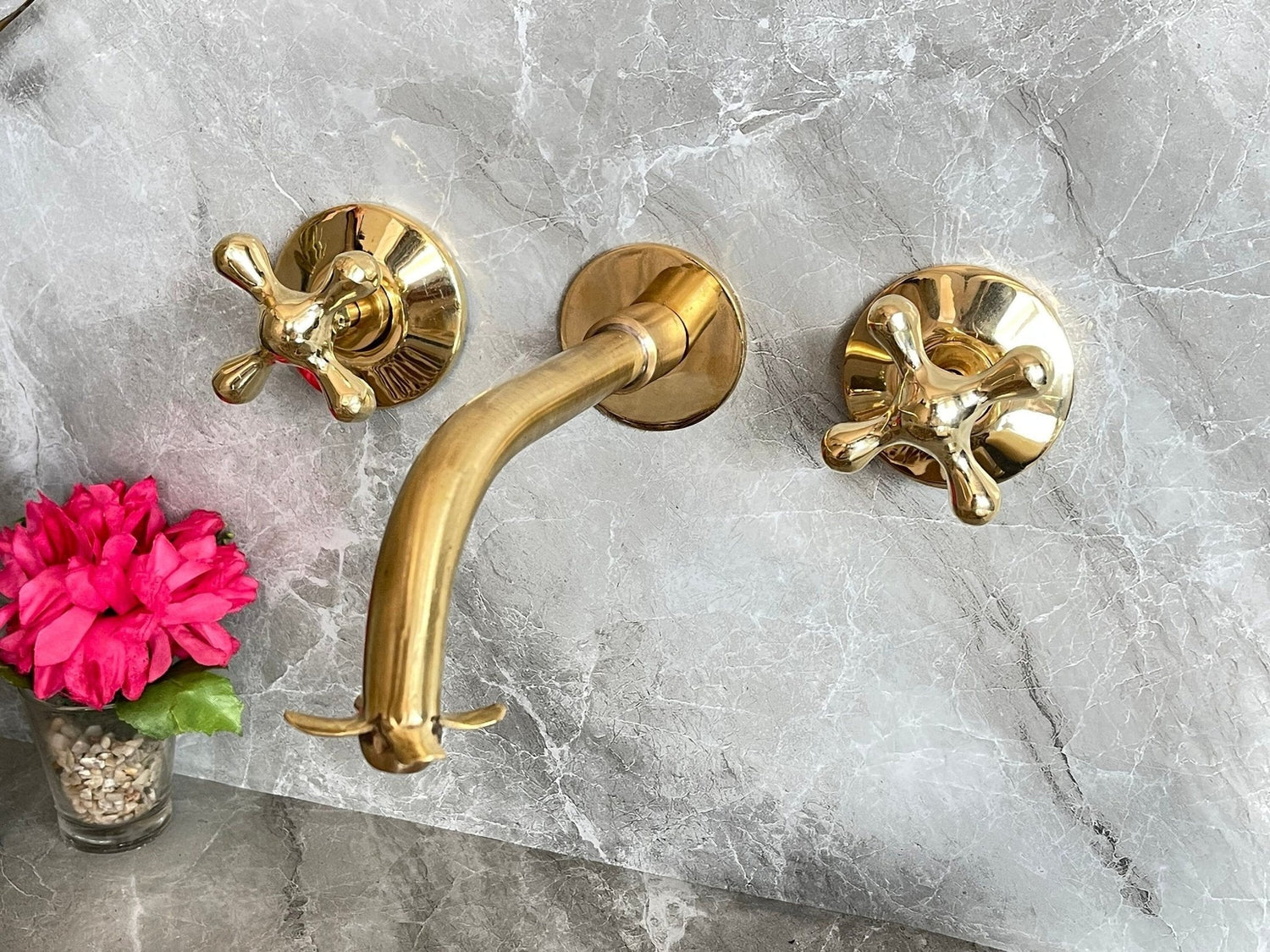 Unlacquered Brass Wall Mount Faucet - Moroccan Flower Cross Handles