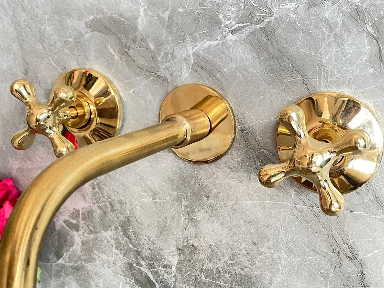 Unlacquered Brass Wall Mount Faucet - Moroccan Flower Cross Handles