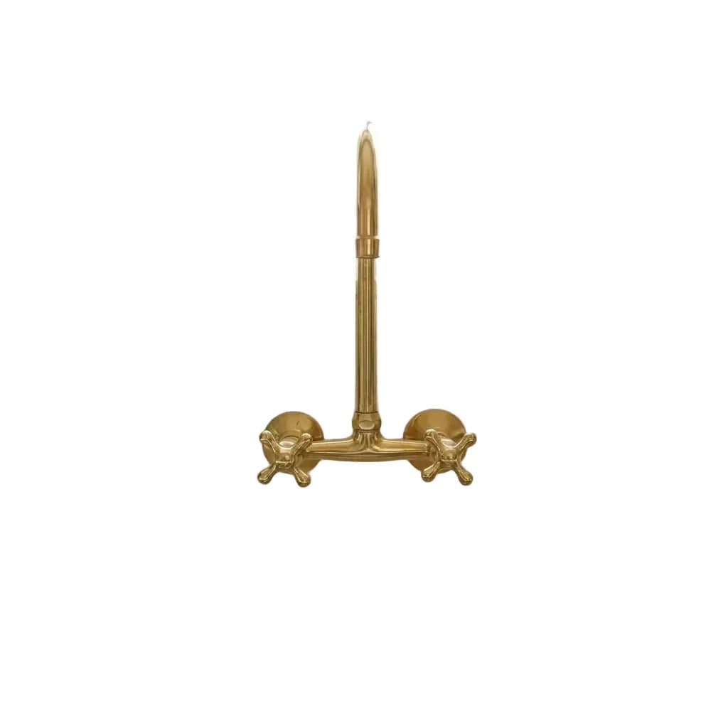 Unlacquered Brass Wall Mount Kitchen Faucet with Vintage Cross Handles