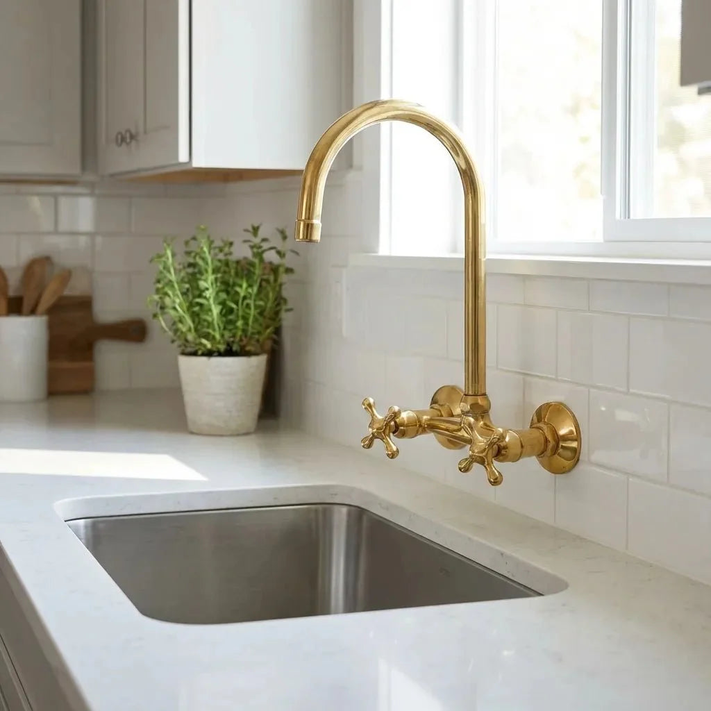 Unlacquered Brass Wall Mount Kitchen Faucet with Vintage Cross Handles