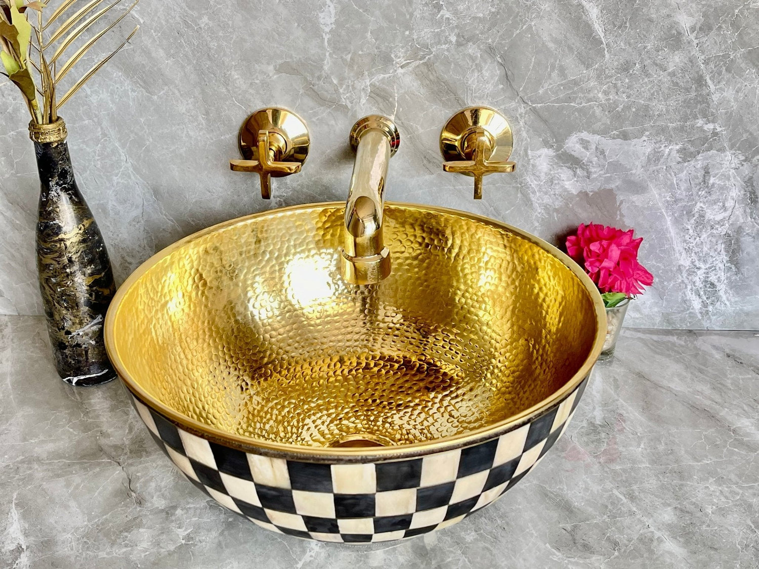 Unlacquered Brass Wall Mounted Bathroom Faucet - Handmade Smooth Tap