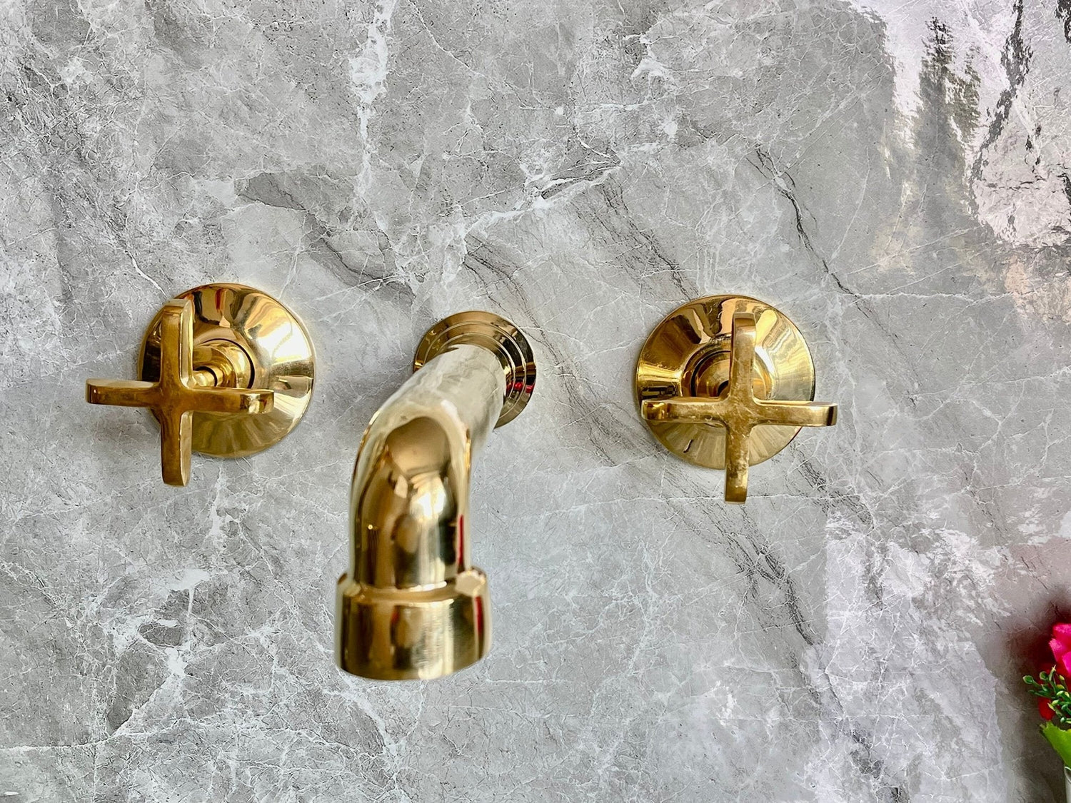 Unlacquered Brass Wall Mounted Bathroom Faucet - Handmade Smooth Tap