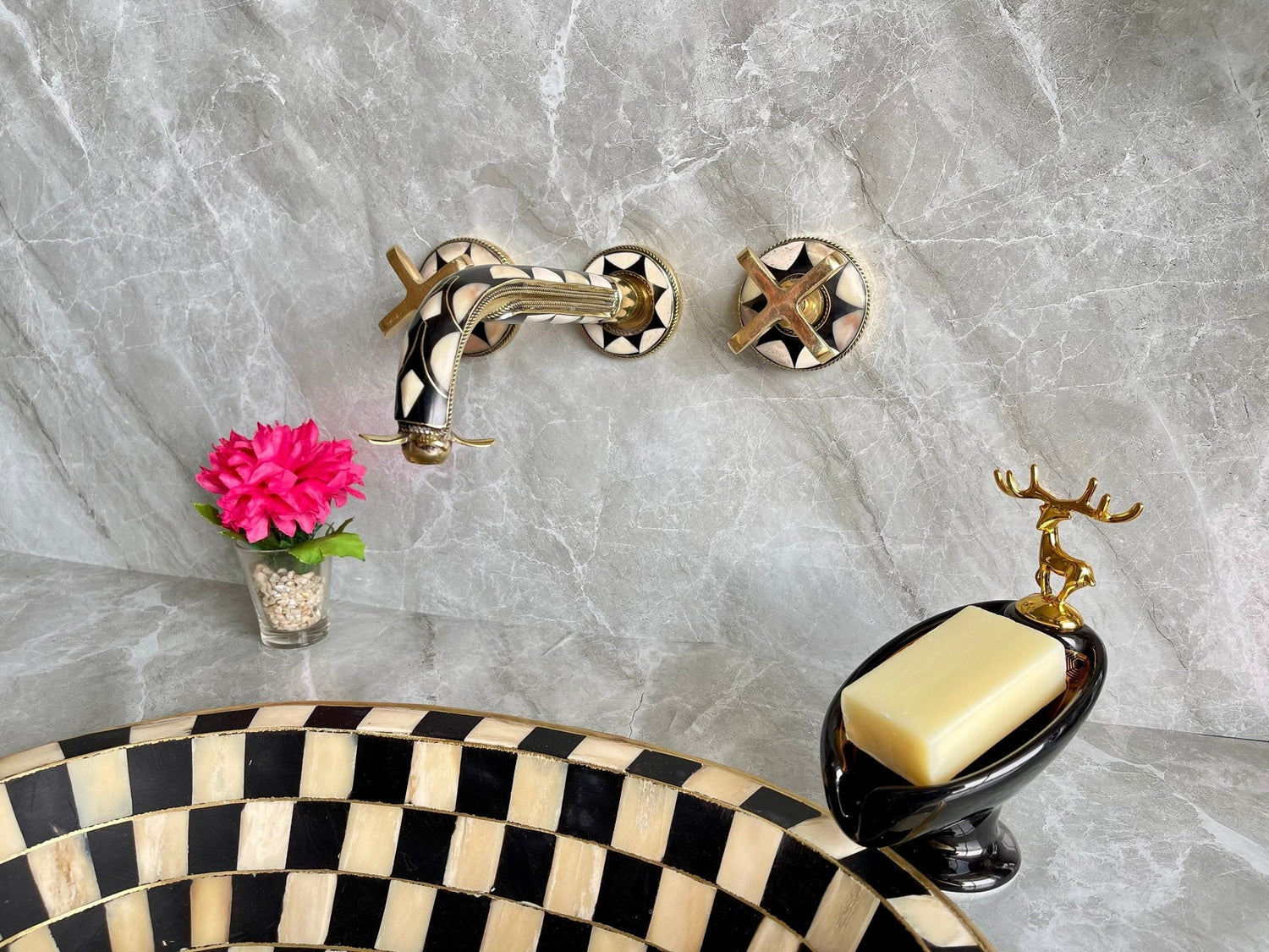 Unlacquered Brass Wall Mounted Bathroom Faucet - Resin & Bone Cross Handle Tap