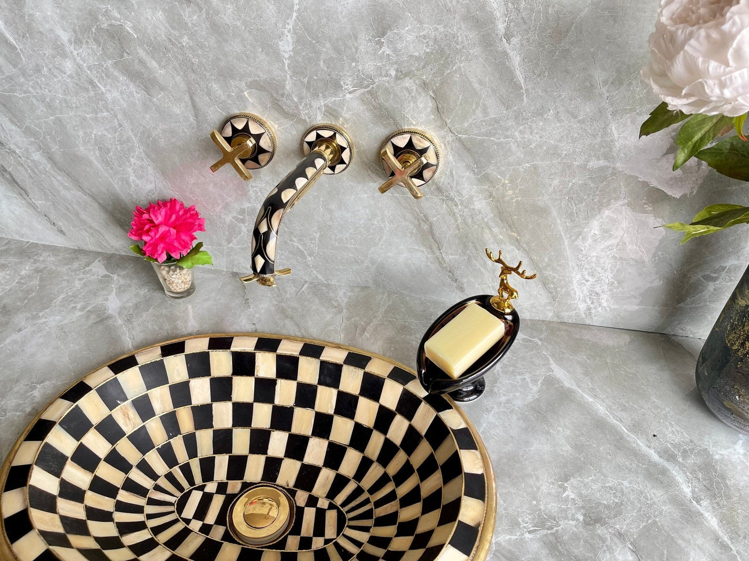 Unlacquered Brass Wall Mounted Bathroom Faucet - Resin & Bone Cross Handle Tap