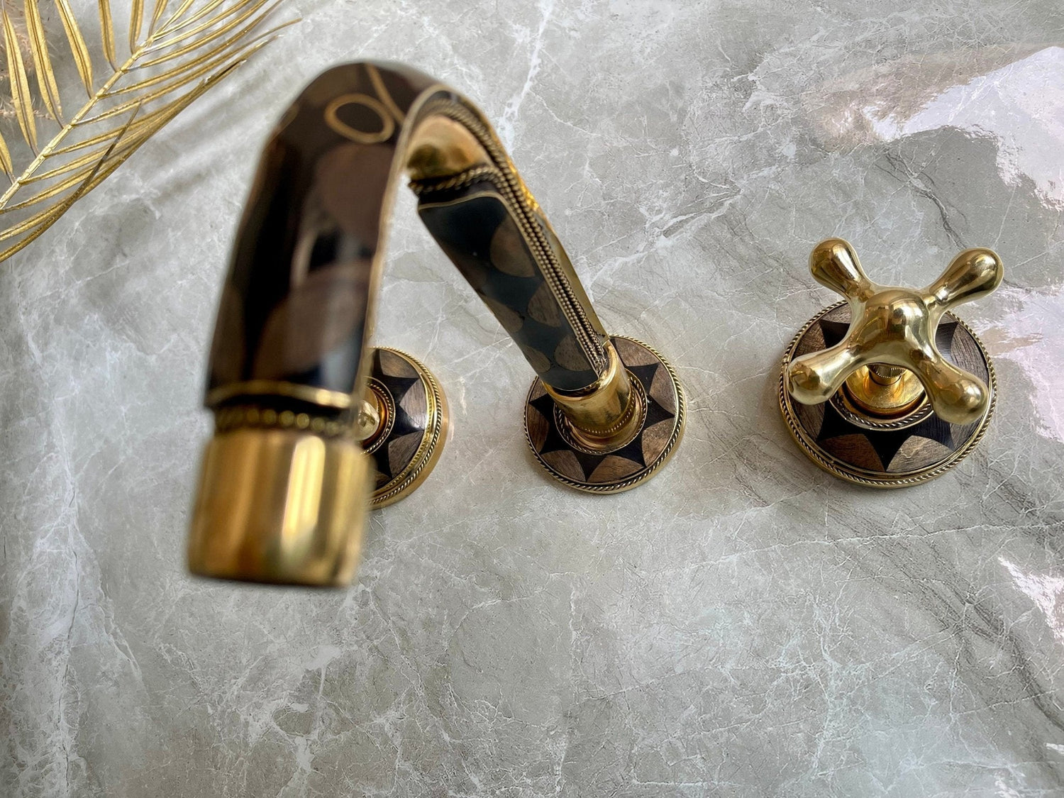 Unlacquered Brass Wall Mounted Faucet - Bone & Resin Inlay Bathroom Tap