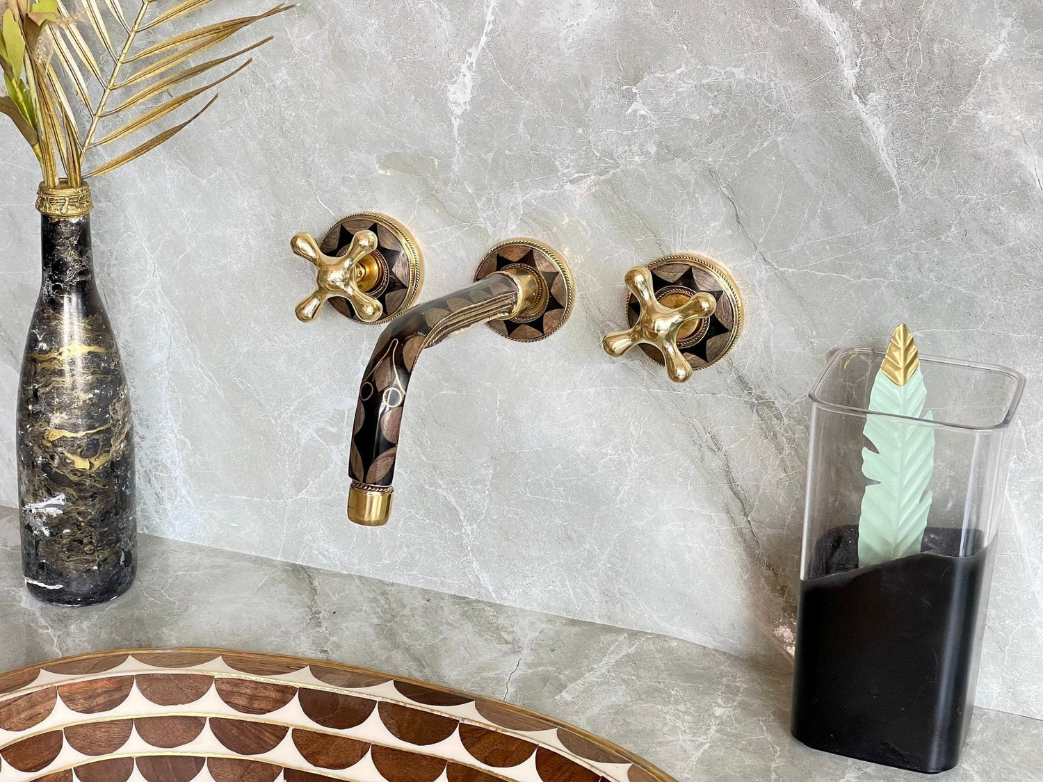 Unlacquered Brass Wall Mounted Faucet - Bone & Resin Inlay Bathroom Tap