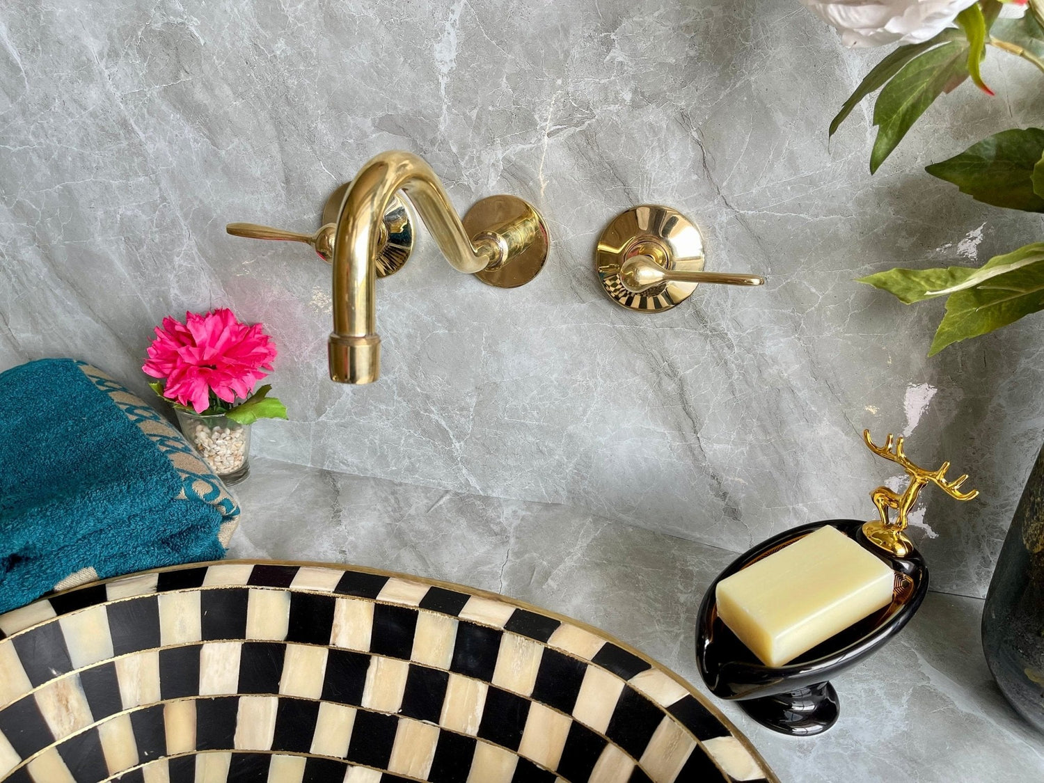 Unlacquered Brass Wall Mounted Faucet - Handmade Cross Handle Tap