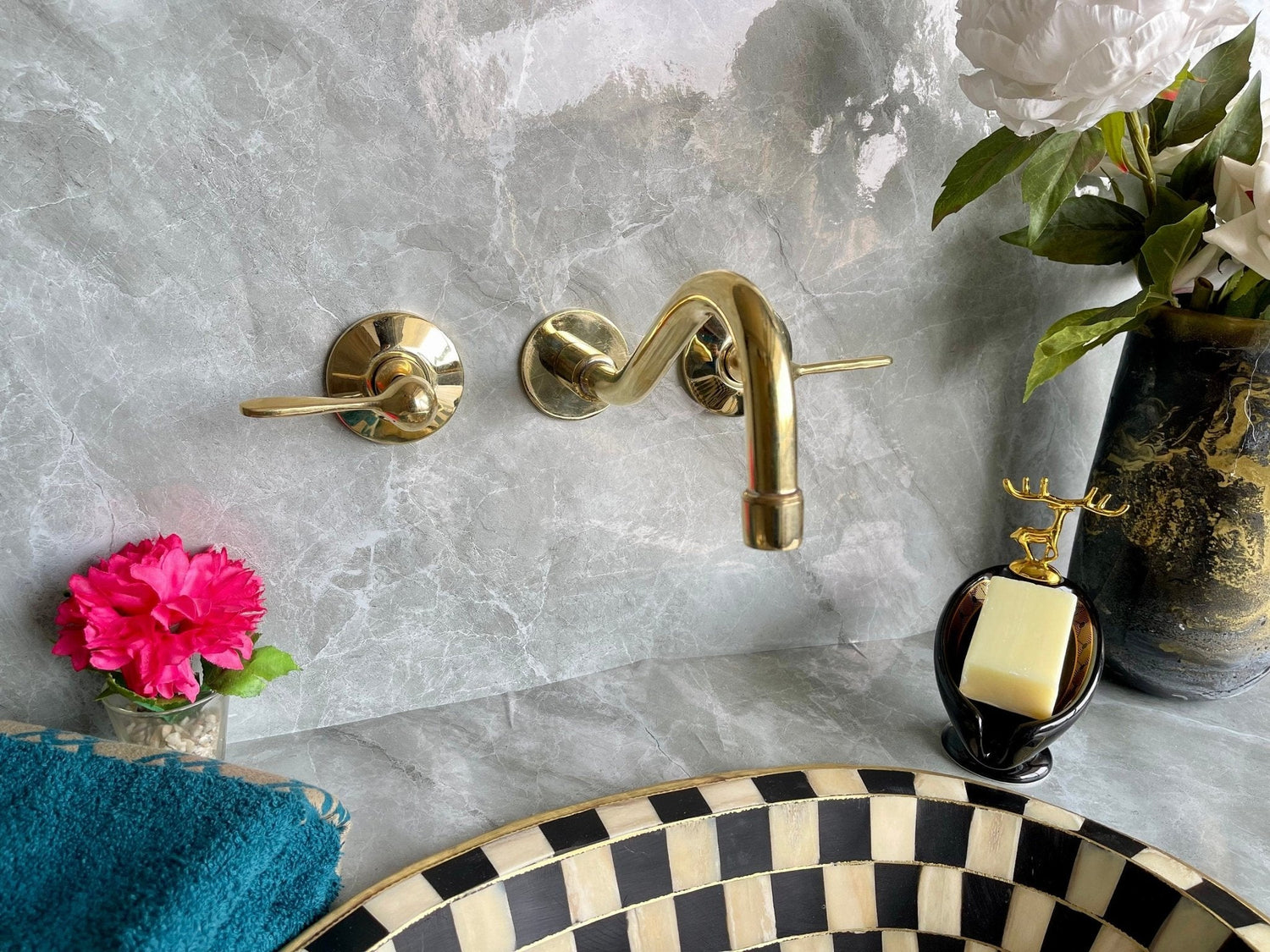 Unlacquered Brass Wall Mounted Faucet - Handmade Cross Handle Tap