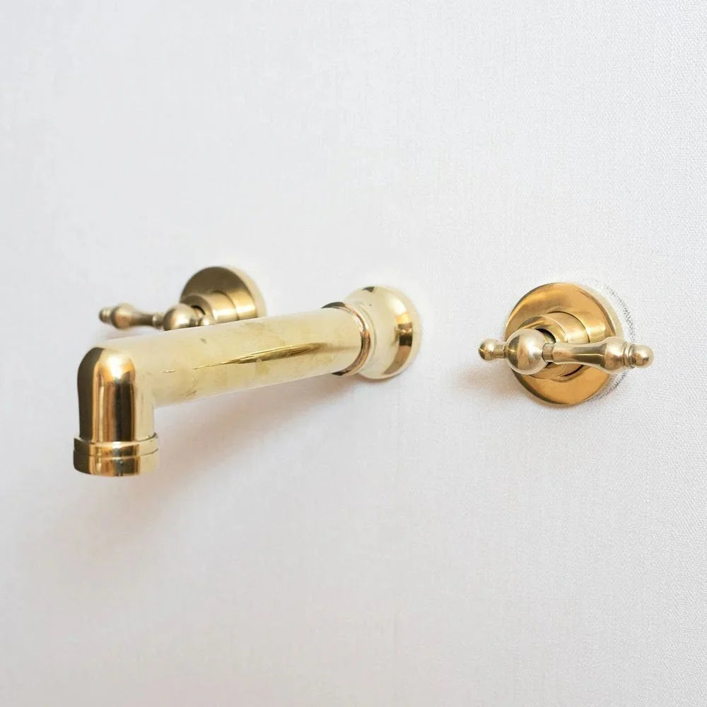 Unlacquered Brass Wall Mounted Bathroom Faucet with Lever Handles