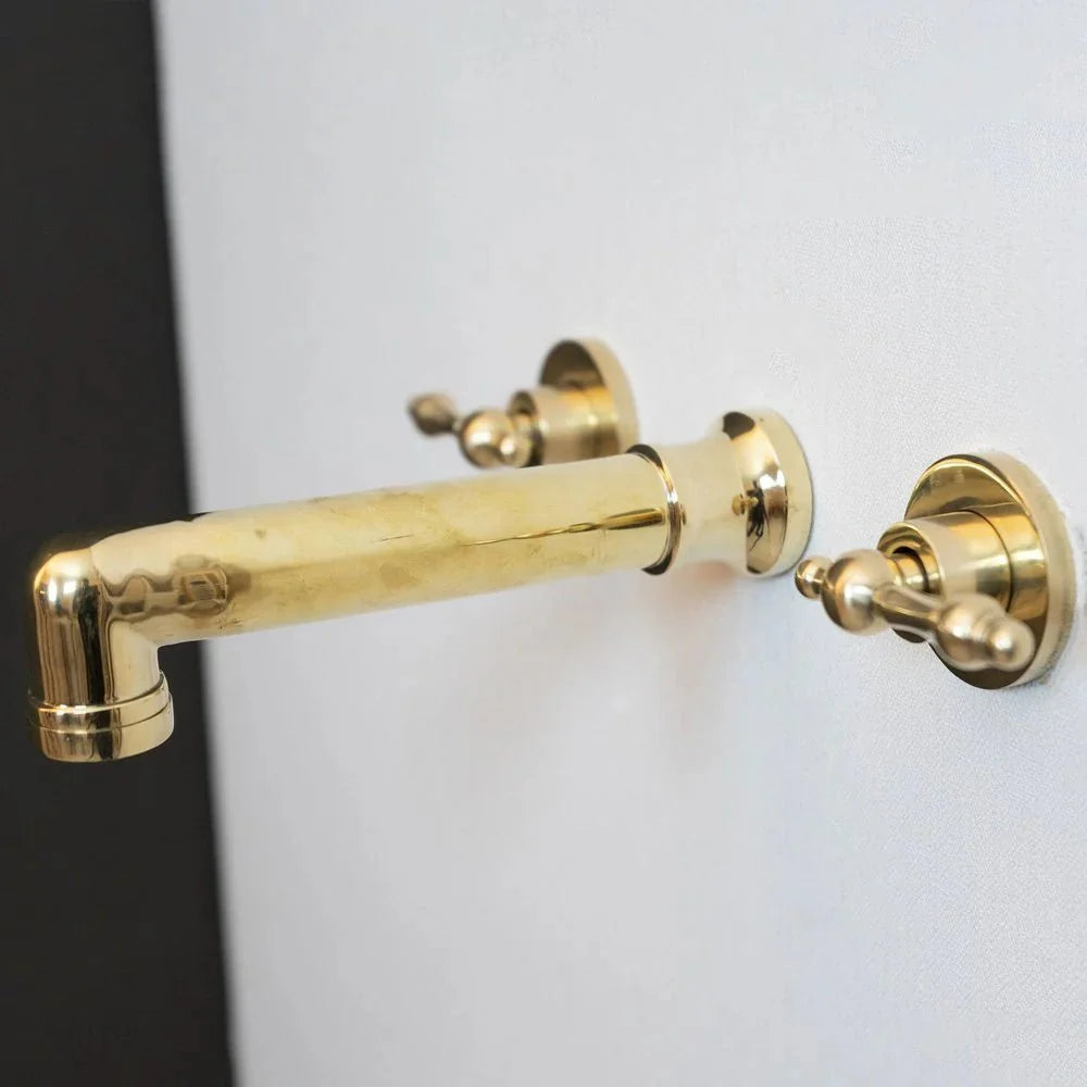 Unlacquered Brass Wall Mounted Bathroom Faucet with Lever Handles