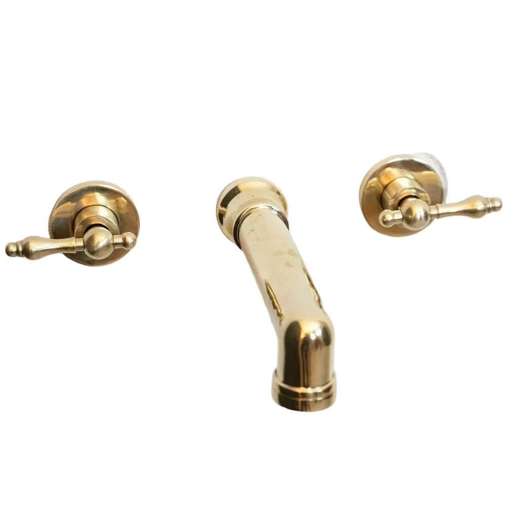 Unlacquered Brass Wall Mounted Bathroom Faucet with Lever Handles