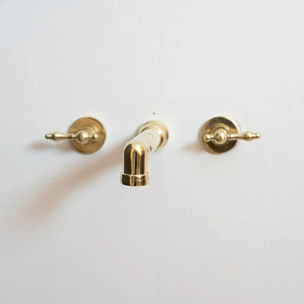Unlacquered Brass Wall Mounted Bathroom Faucet with Lever Handles