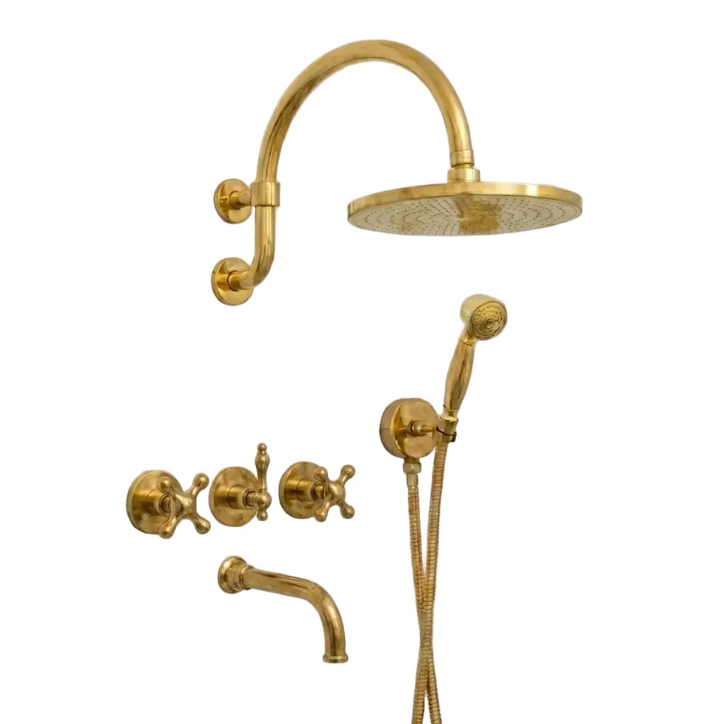 Unlacquered Brass Wall-Mounted Rain Shower System Set with Handheld Spray