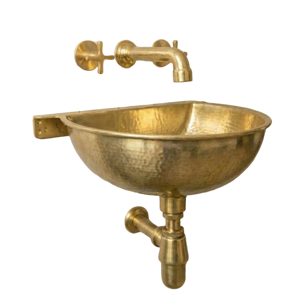 Unlacquered Brass Wall Mount Bathroom Sink with Hammered Basin