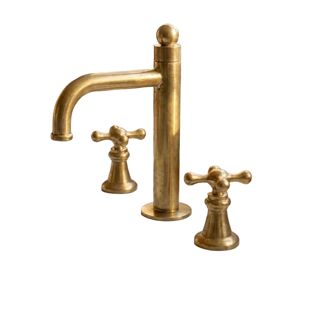 Unlacquered Brass Widespread Bathroom Faucet with Brass Cross Handle Tap