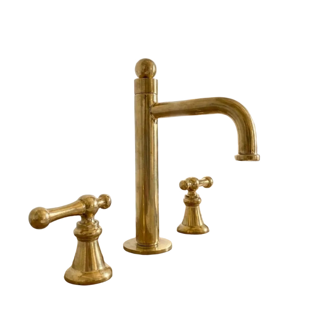 Unlacquered Brass Widespread Bathroom Faucet with Tall Spout and Lever Handles
