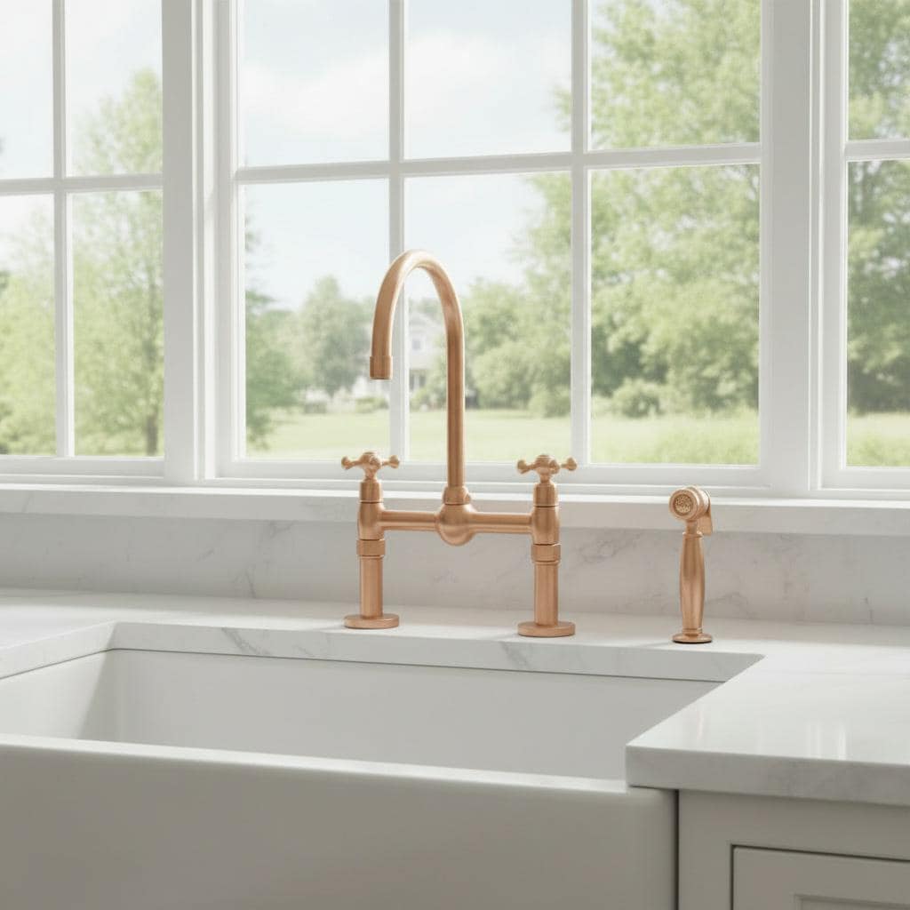 Unlacquered Copper Bridge Faucet - Farmhouse Kitchen Tap with Sprayer