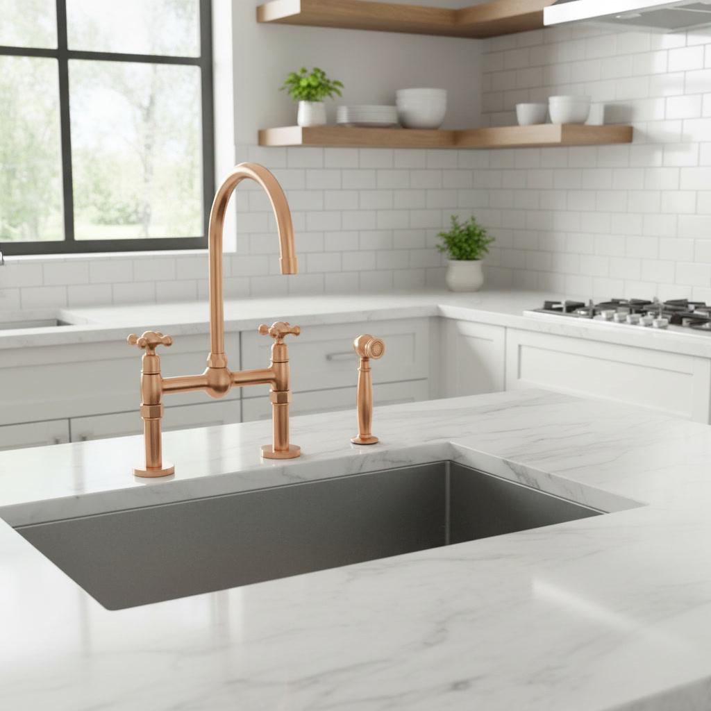 Unlacquered Copper Bridge Faucet - Farmhouse Kitchen Tap with Sprayer