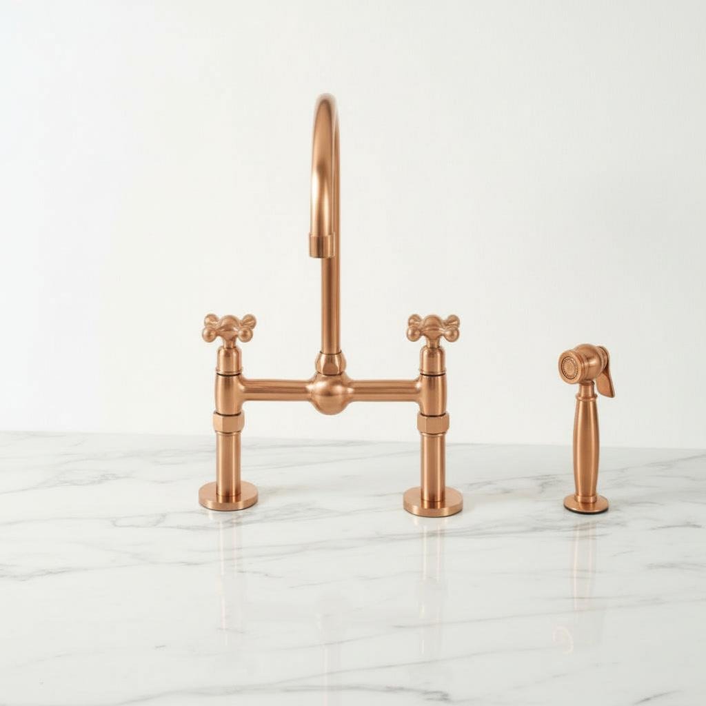Unlacquered Copper Bridge Faucet - Farmhouse Kitchen Tap with Sprayer