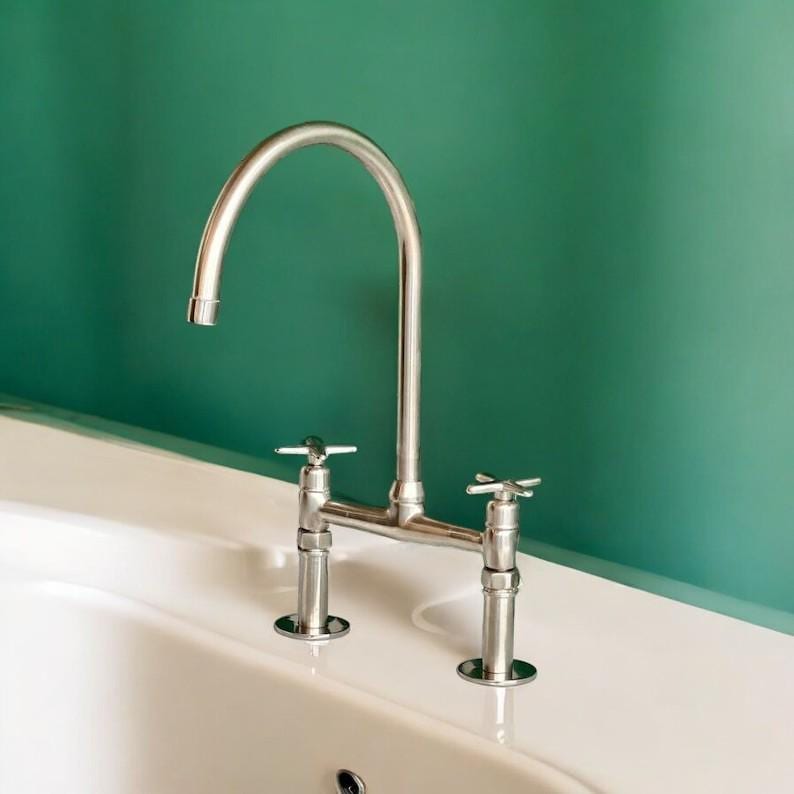 Unlacquered Nickel Bridge Kitchen Faucet - Solid Brass Flat Handles