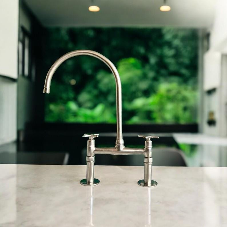 Unlacquered Nickel Bridge Kitchen Faucet - Solid Brass Flat Handles