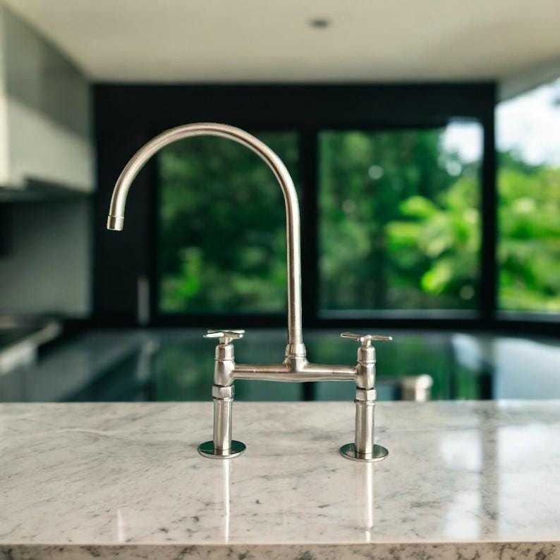 Unlacquered Nickel Bridge Kitchen Faucet - Solid Brass Flat Handles